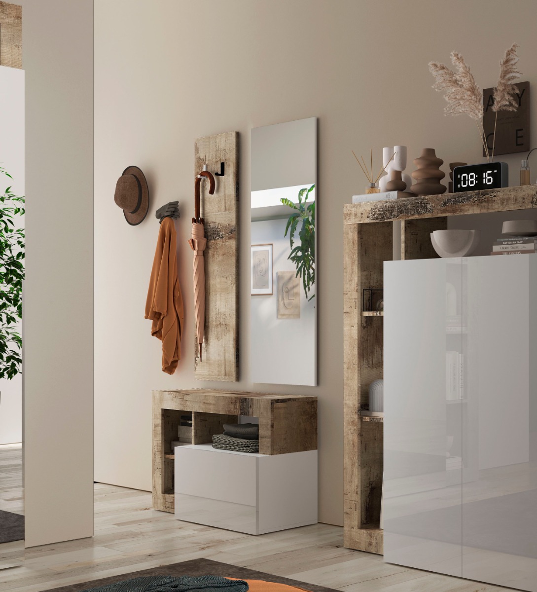 Ingresso composto da una panca, un pannello porta abiti e uno specchio Bianco lucido e Pero