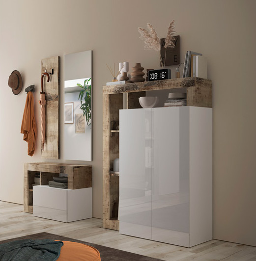 Madia alta moderna 2 ante battenti finitura Bianco lucido e Pero