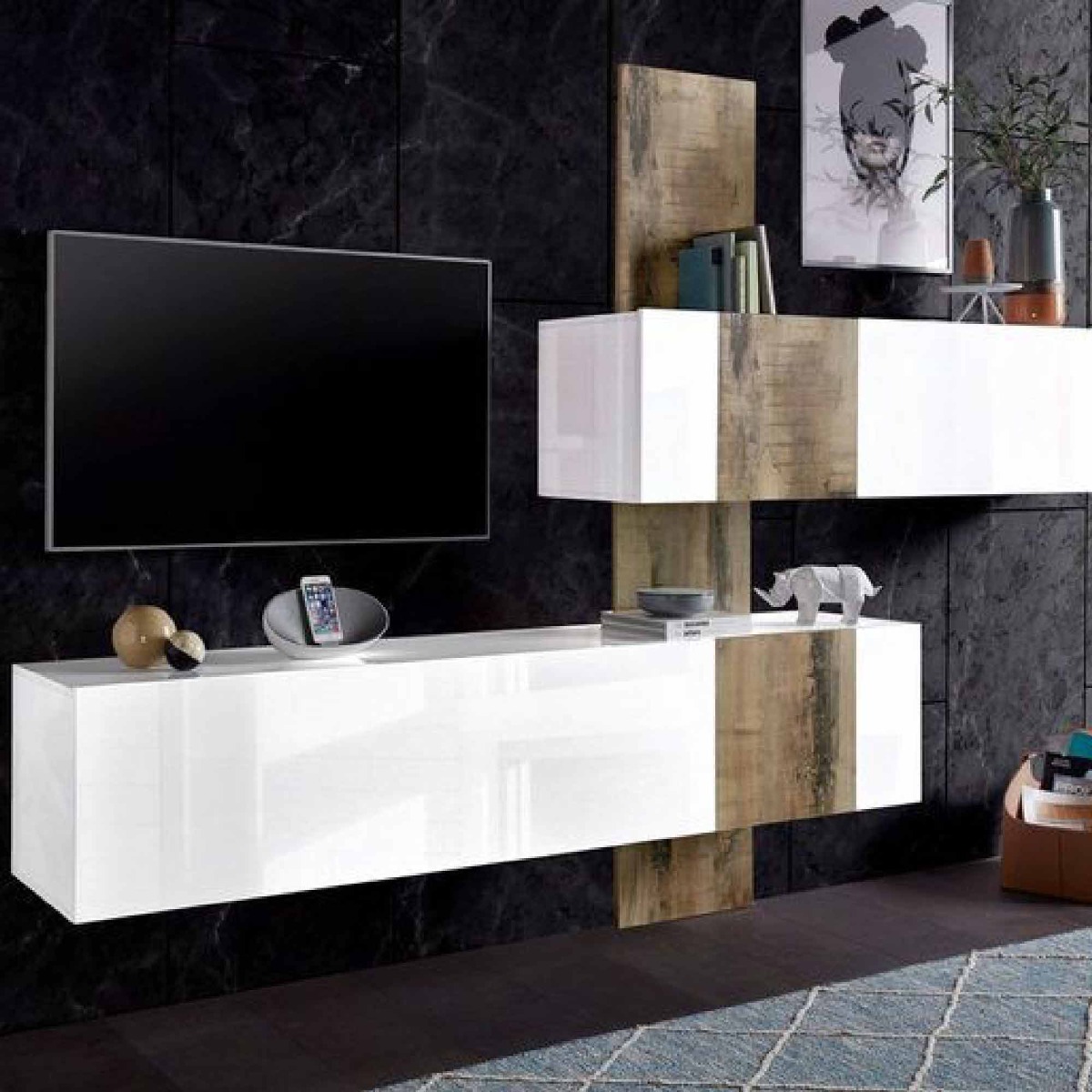 Parete attrezzata moderna finitura Bianco lucido e Pero