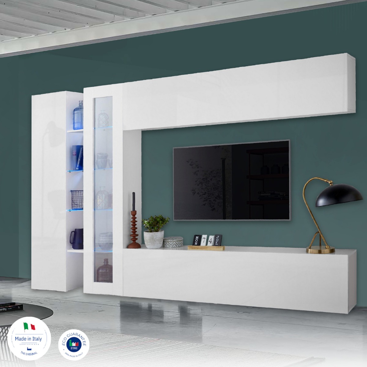 Parete attrezzata di design con vetrina L.280 cm, finitura Bianco lucido 