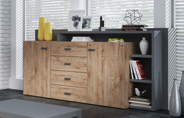 Mobile contenitore 2 ante e 4 cassetti, rovere rustico e antracite