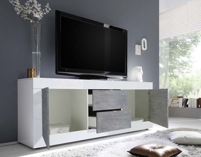 Soggiorno moderno bianco lucido e Cemento con Vetrina e Madia 2 ante 2 cassetti