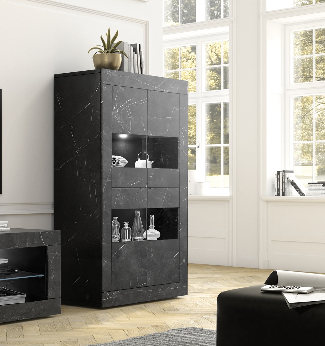 Capiente Vetrina 4 ante effetto Marmo, Made in Italy