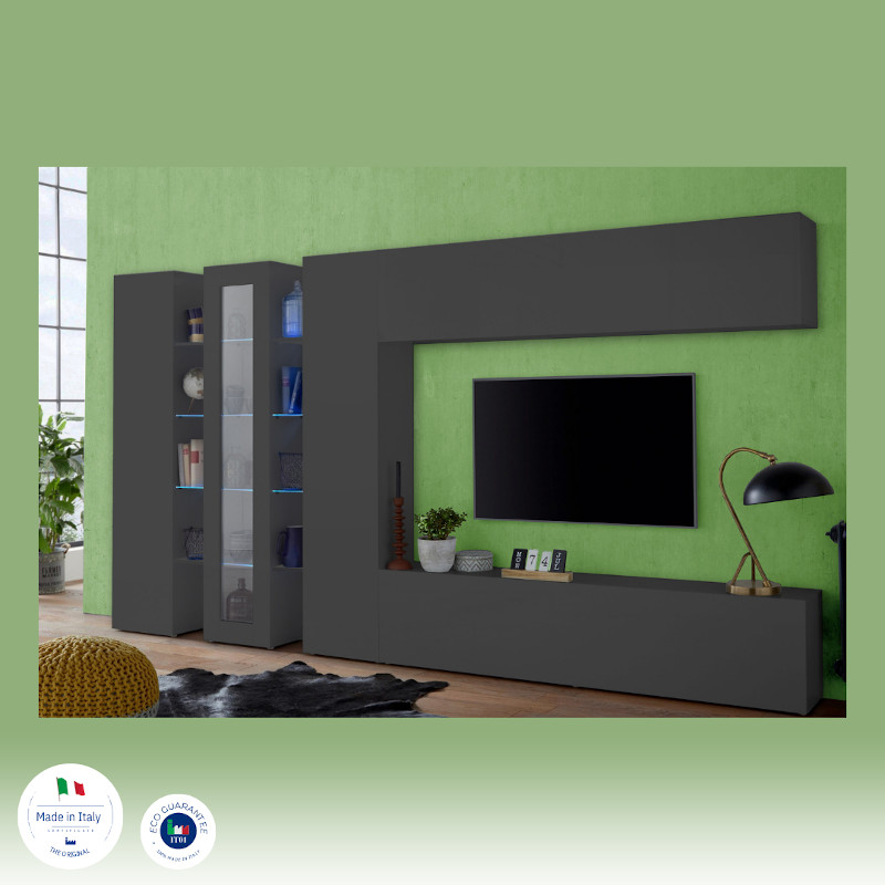 Parete attrezzata con 1 vetrina, 2 colonne e 2 pensili orizzontali, finitura Antracite lucido 