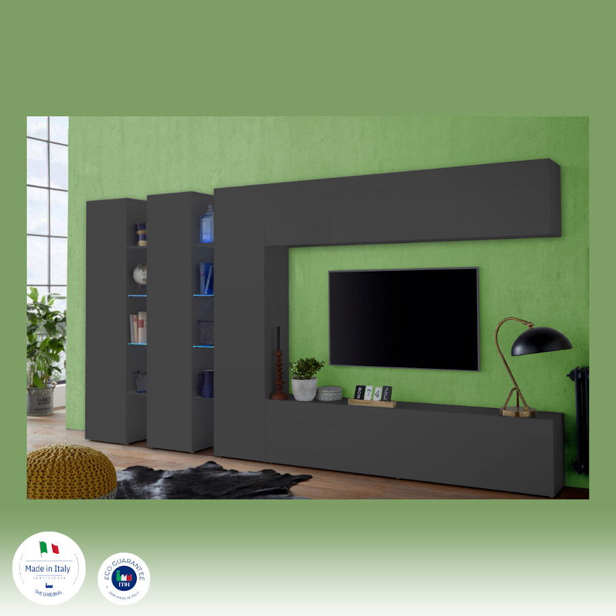 Conveniente Parete attrezzata L.340 cm, finitura Antracite lucido, Made in Italy
