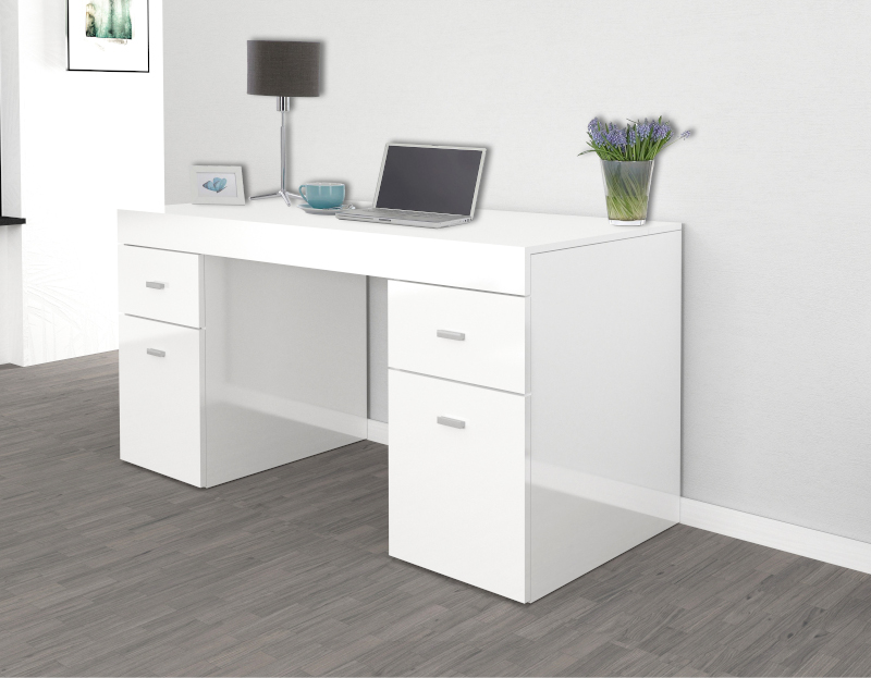 Scrivania 2 ante e 2 cassetti bianco larice e bianco lucido, made in Italy