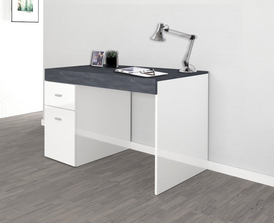 Scrivania 1 anta e 1 cassetto bianco lucido e ardesia, made in Italy