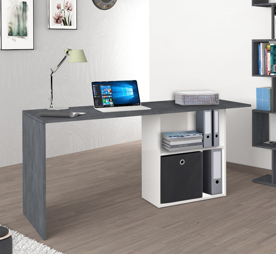 Scrivania bianco lucido e ardesia, con vani contenitore, made in Italy