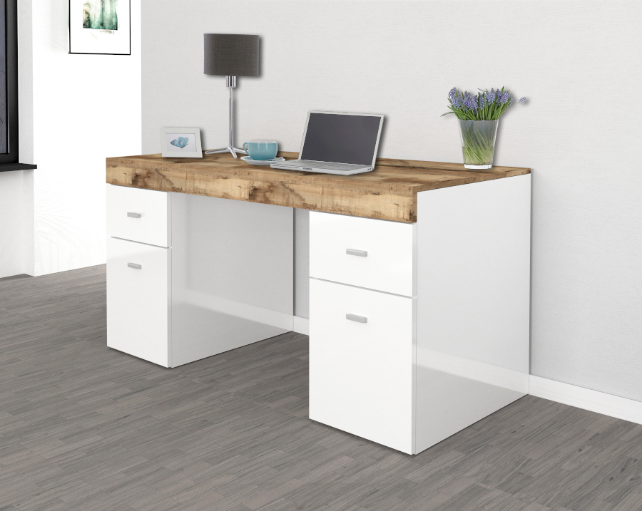 Scrivania 2 ante e 2 cassetti bianco lucido e pero, made in Italy