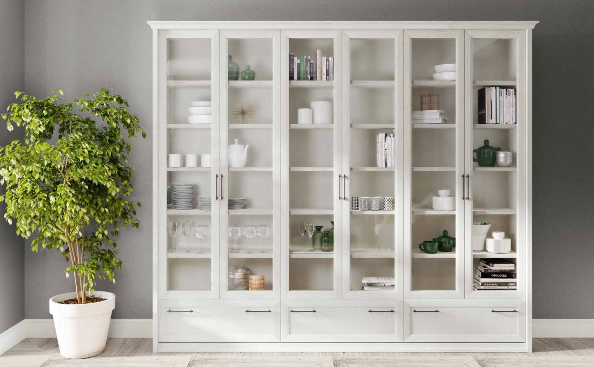 Elegante, funzionale e spaziosa Libreria, 6 ante, colore bianco
