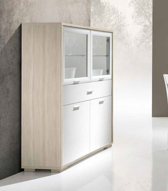 Vetrina con struttura Olmo chiaro e frontali Bianco frassino, Made in Italy