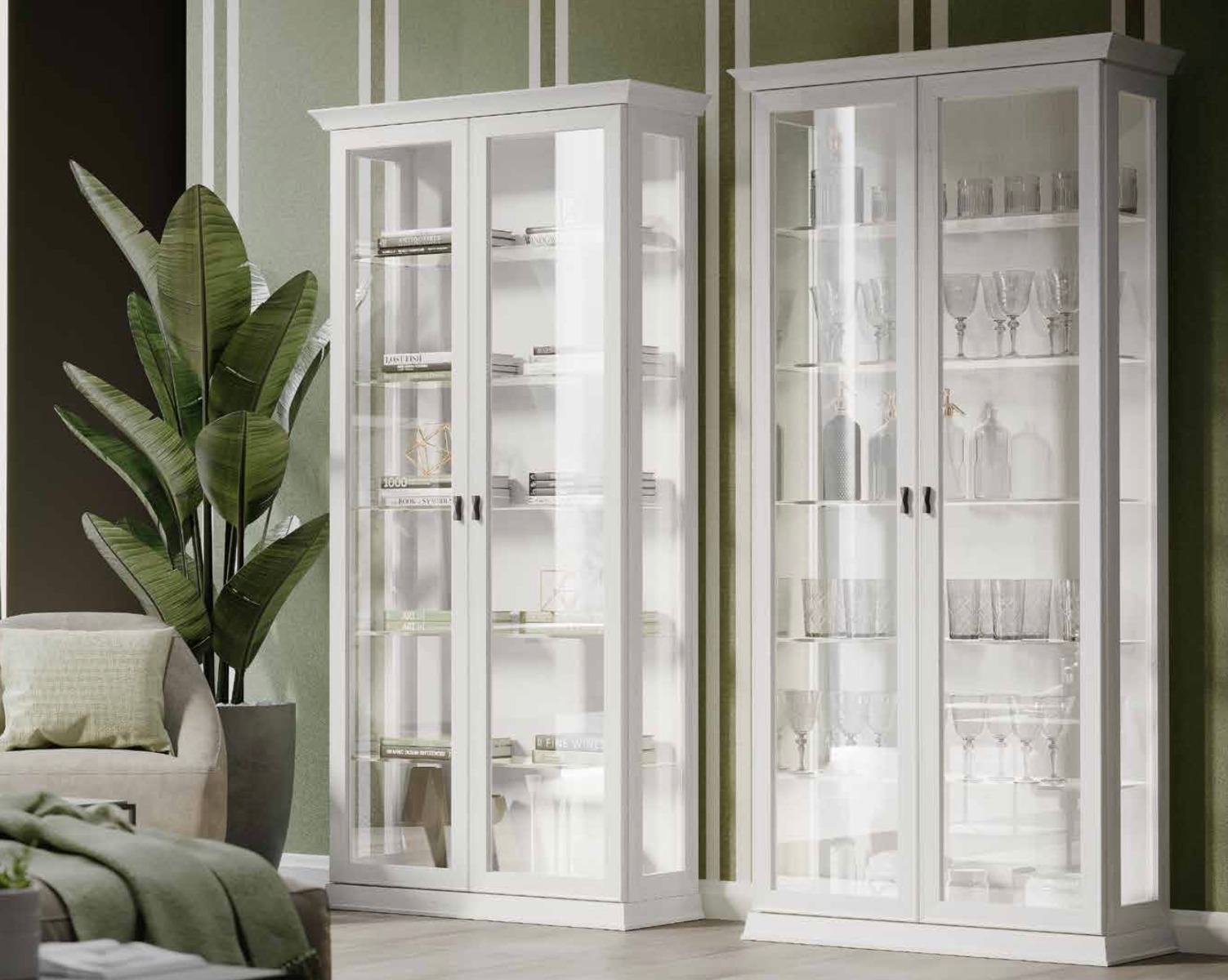 Elegante Vetrina Bianca 6 ripiani con vetri, colore bianco bucaneve