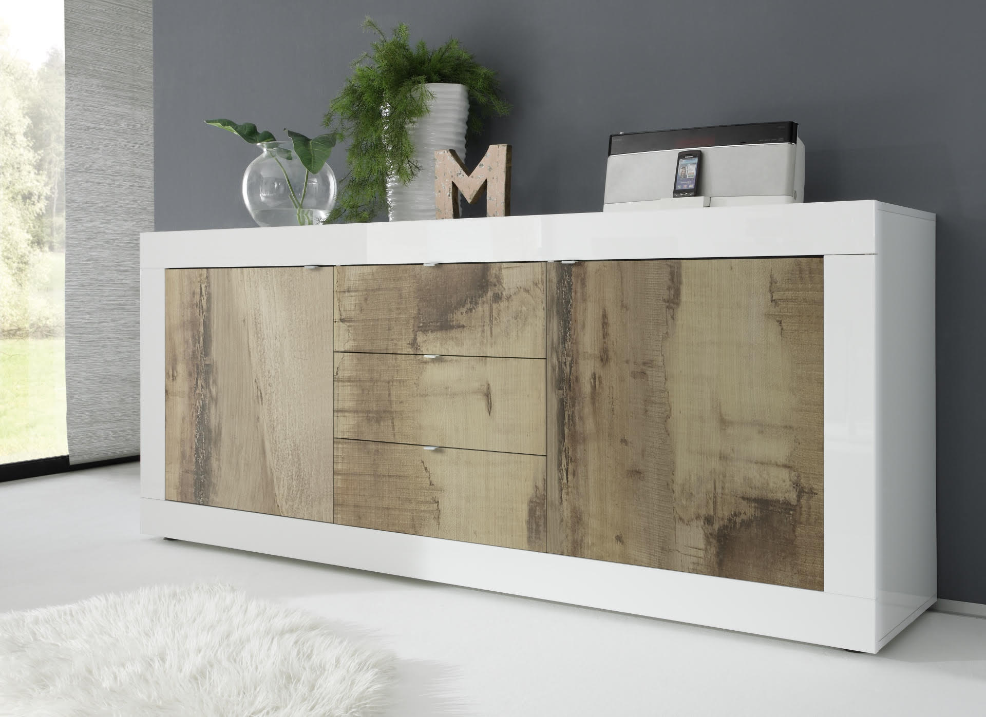 Credenza Moderna, Madia Bianca Lucida con 2 ante e 3 cassetti in finitura Pero