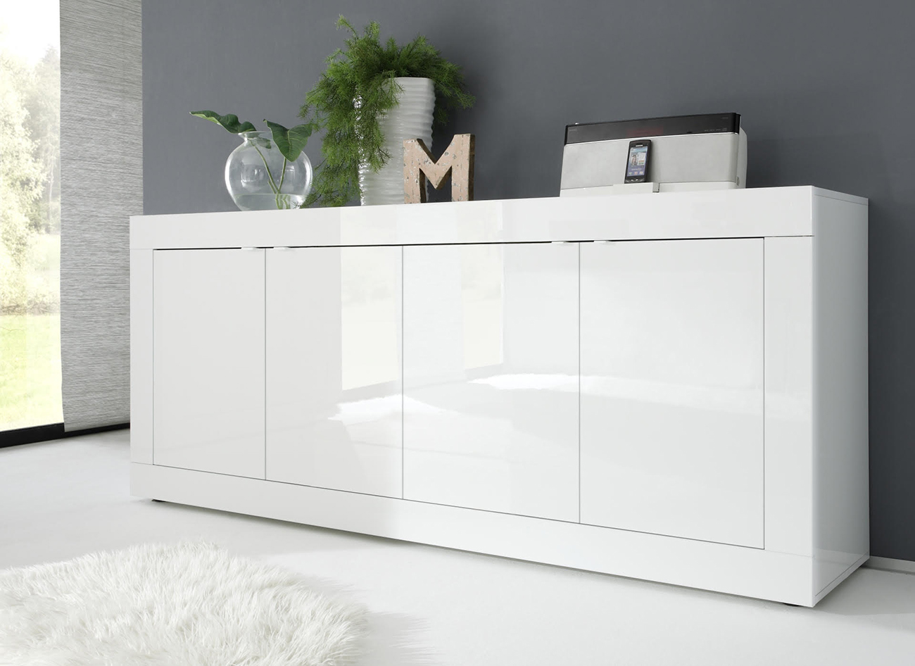 Credenza Moderna, Madia bianca laccata lucida a 4 ante
