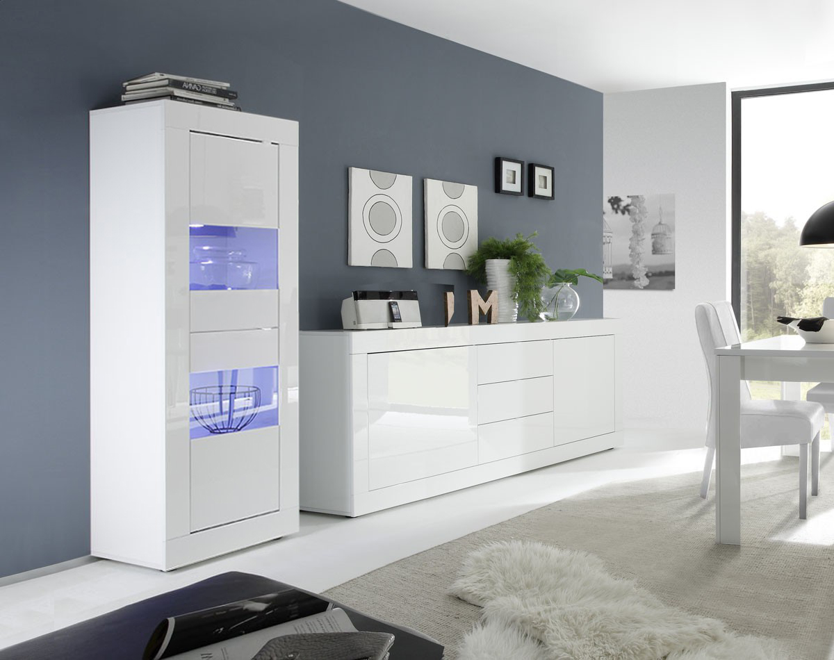 Soggiorno bianco lucido con Vetrina 1 anta e Madia 2 ante e 3 cassetti