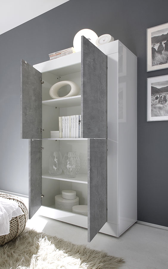 Madia Credenza Moderna, Madia di Design, 4 ante Alta, Bianco Lucido e Cemento