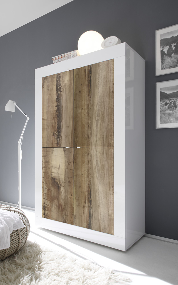 Credenza di design alta, finitura Bianco lucido e Pero