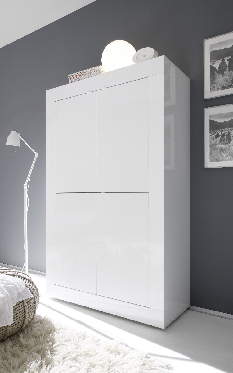 Credenza capiente, Madia di Design, 4 ante Alta, Bianco Lucido