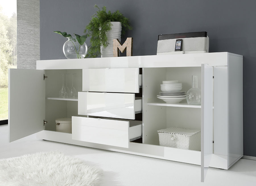 Credenza moderna con cassetti, Bianco Lucido