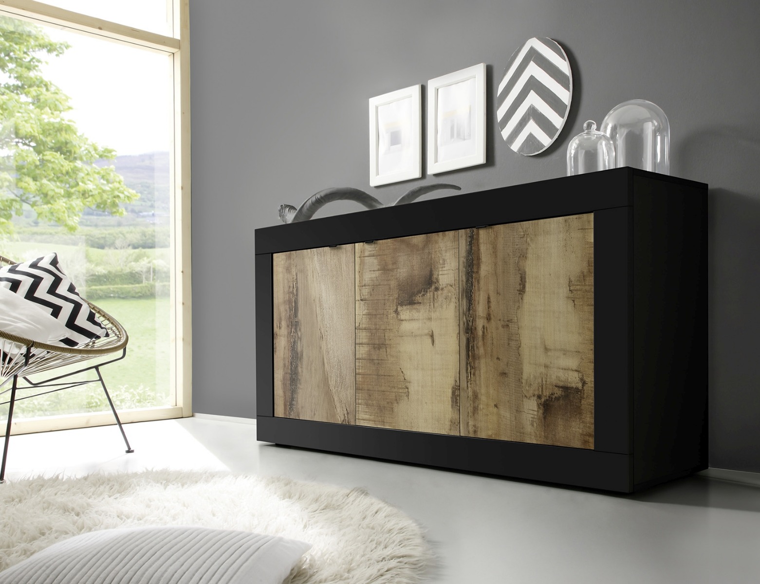 Innovativa Madia moderna nera e pero, 3 ante