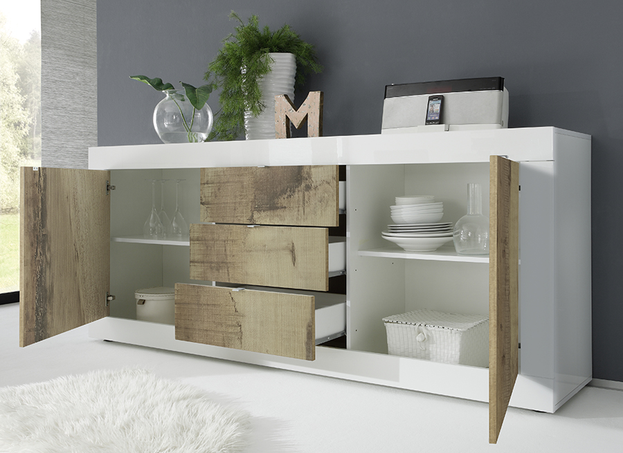 Credenza Moderna, Madia Bianca Lucida con 2 ante e 3 cassetti in finitura Pero