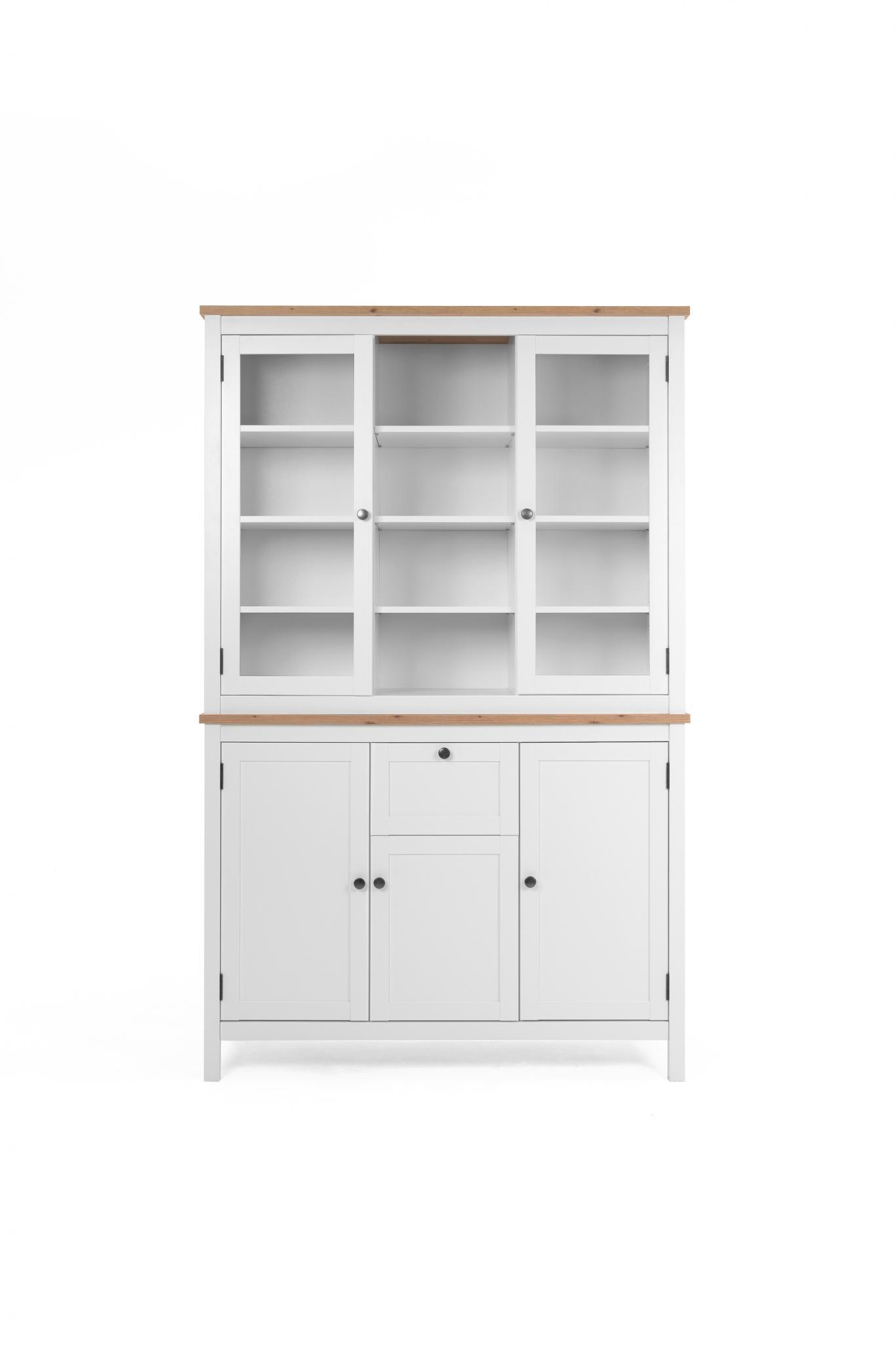 Madia credenza con 3 ante 2 ante in vetro e 1 cassetto finitura bianco opaco e top in quercia
