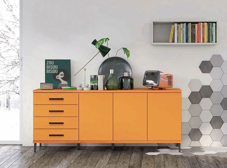 Madia moderna 3 ante 4 cassetti con piedini in titanio, finitura Albicocca