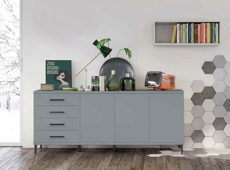 Madia moderna 3 ante 4 cassetti con piedini in titanio, finitura Cadaques