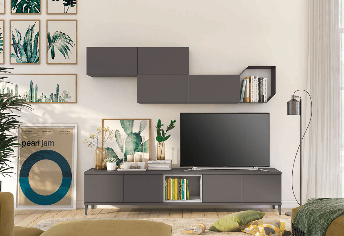 Parete attrezzata per la zona living, Grigio titanio con vano a giorno