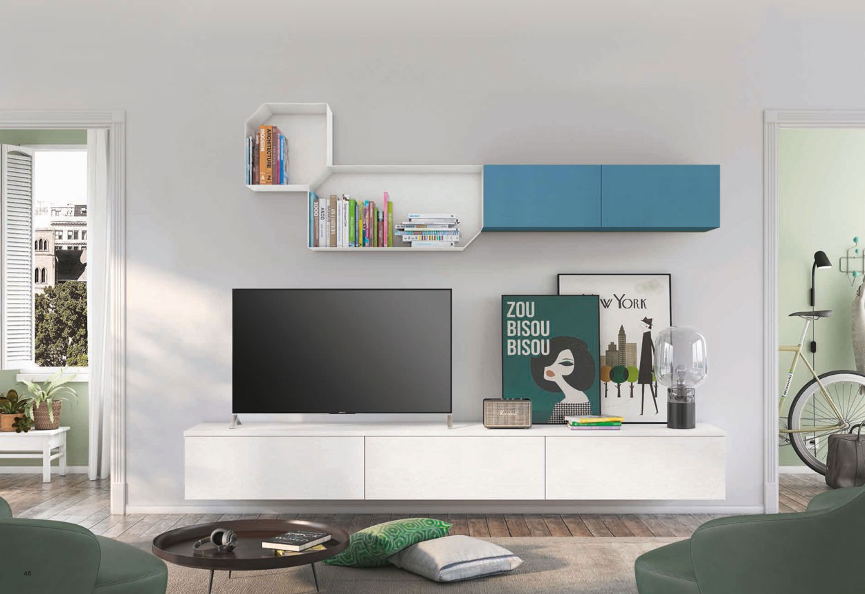 Parete attrezzata sospesa per zona living, Rovere bianco e Cadaques