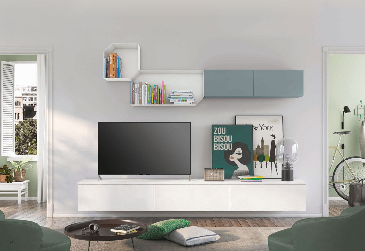 Parete attrezzata sospesa per zona living, rovere bianco e rovere gesso