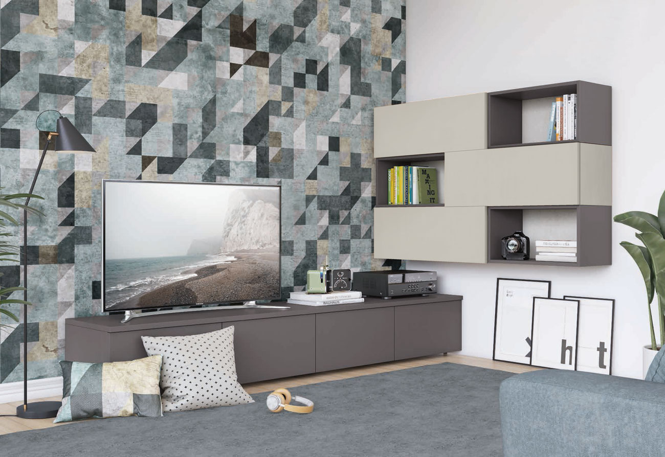 Parete attrezzata ad angolo con base TV e pensili con vani a giorno, titanio e grigio dorian