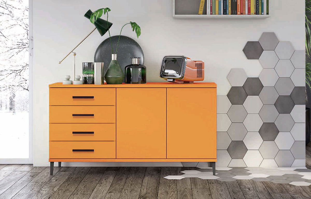Madia moderna 2 ante 4 cassetti con piedini in titanio, finitura Papaya