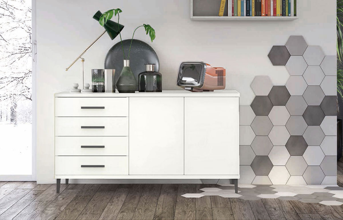 Madia moderna 2 ante 4 cassetti con piedini in titanio, finitura Bianco Opaco