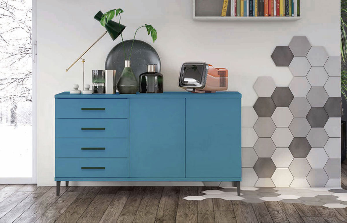 Madia moderna 2 ante 4 cassetti con piedini in titanio, finitura Rovere gesso