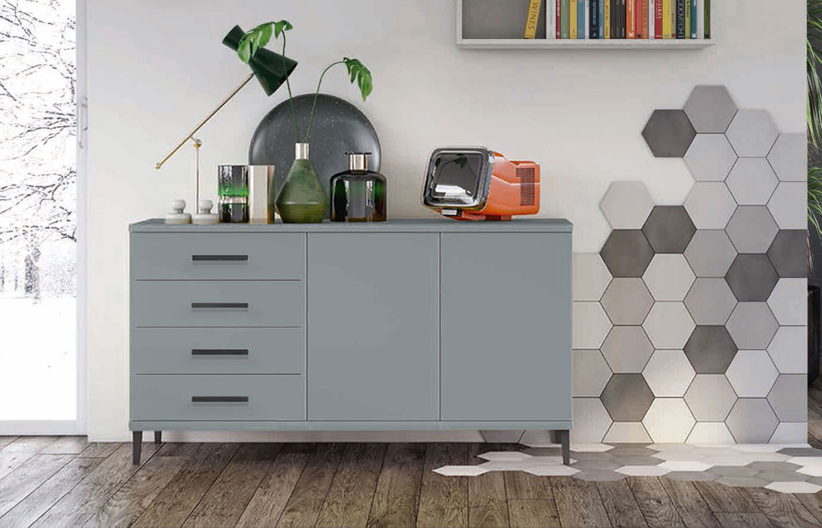 Madia moderna 2 ante 4 cassetti con piedini in titanio, finitura Cadaques