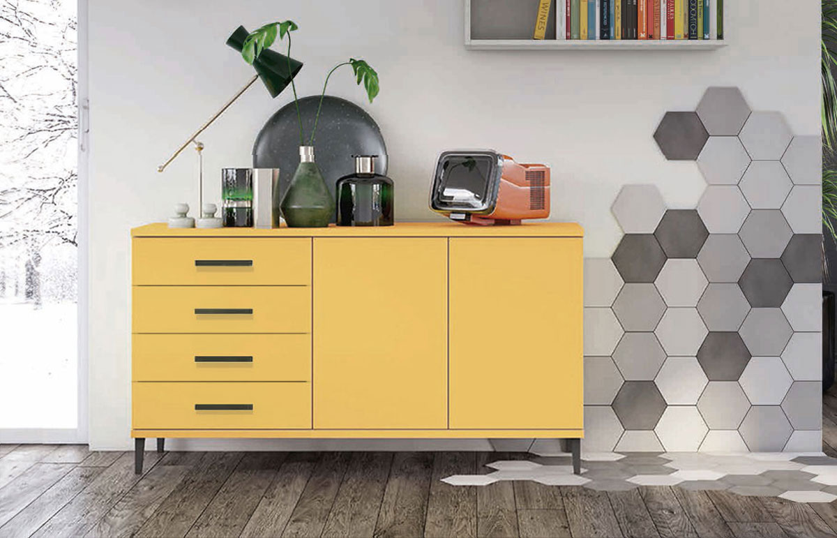 Madia moderna 2 ante 4 cassetti con piedini in titanio, finitura Miele