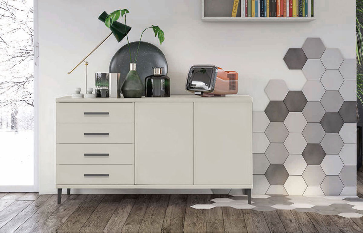 Madia moderna 2 ante 4 cassetti con piedini in titanio, finitura Grigio dorian