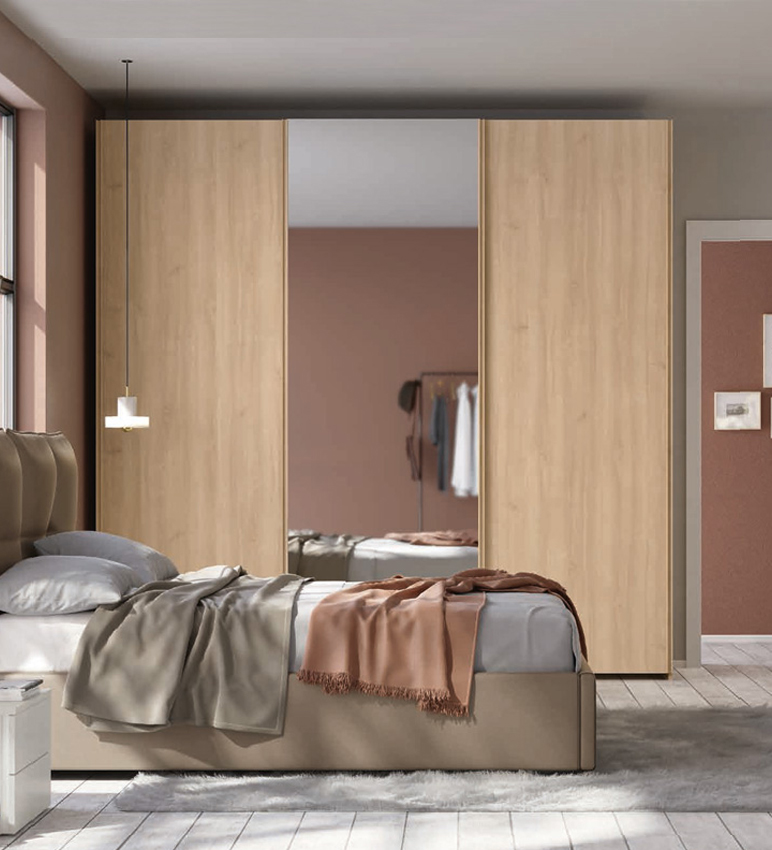 Armadio scorrevole moderno con specchio a 3 ante H.257 L.267, finitura Royal oak