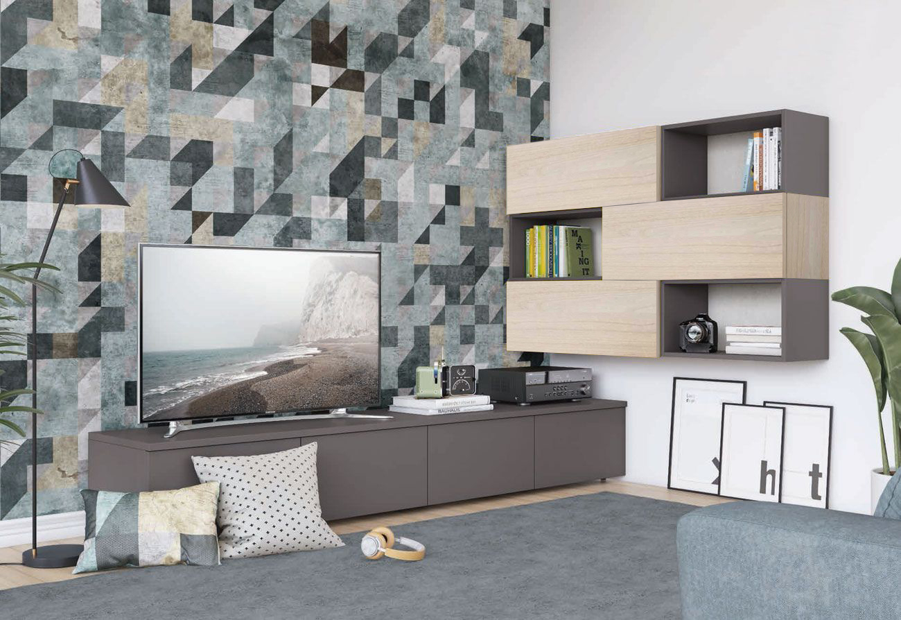Parete attrezzata ad angolo con base TV e pensili con vani a giorno, titanio e noce brina