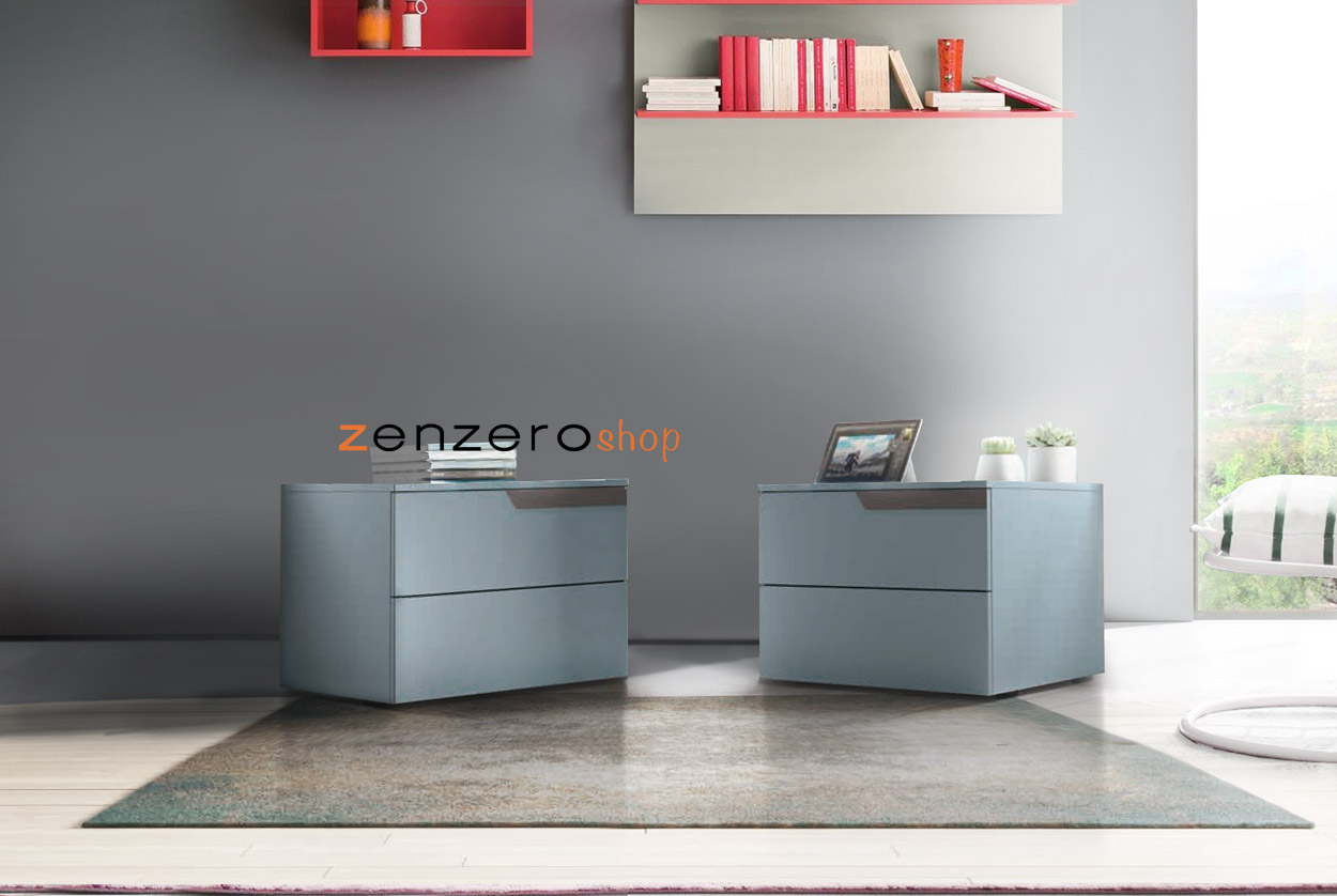 Coppia di comodini moderni a 2 cassetti con apertura push-pull, finitura Cenere