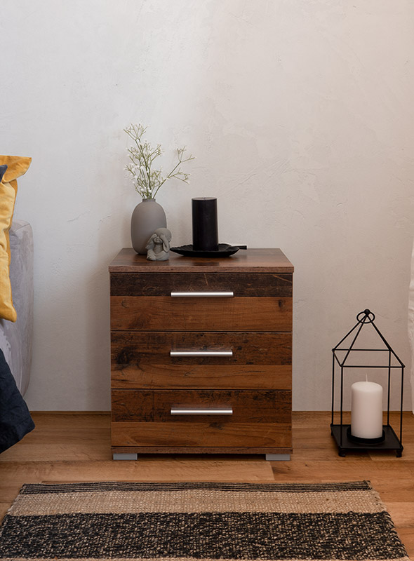 Cassettiera industry con 3 cassetti in finitura castagno