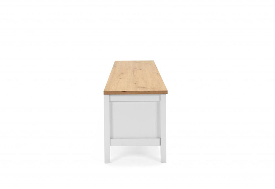 Porta TV moderno, finitura bianco opaco con top quercia, 2 ante e una mensola