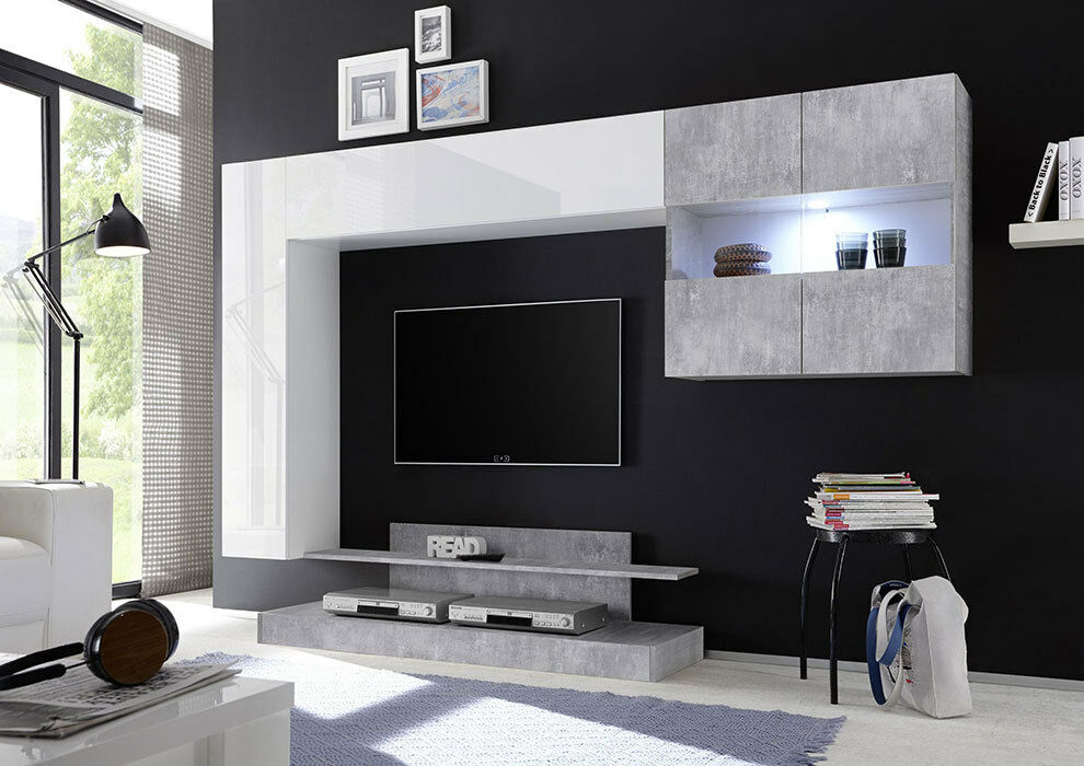 Soggiorno Zenzero, parete attrezzata bianco lucido e beton