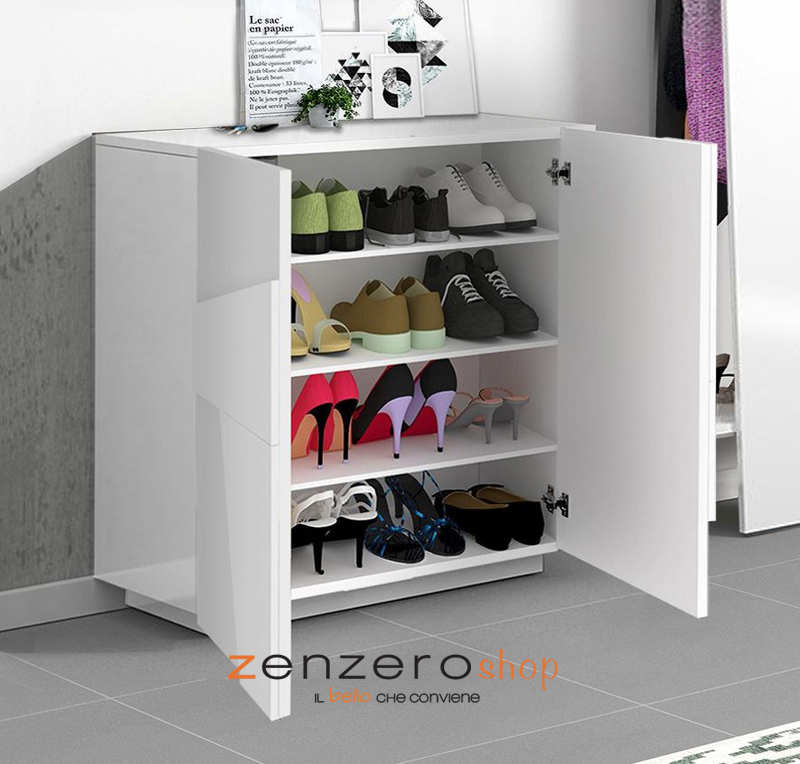 Scarpiera a 2 ante con disegni geometrici in finitura Bianco lucido