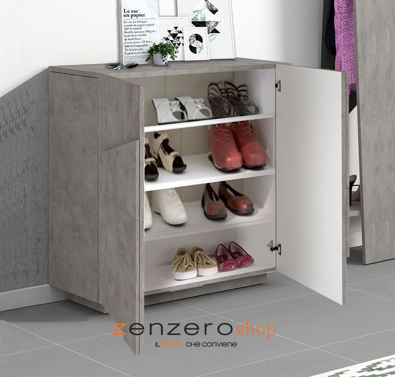 Scarpiera a 2 ante con disegni geometrici in finitura Beton