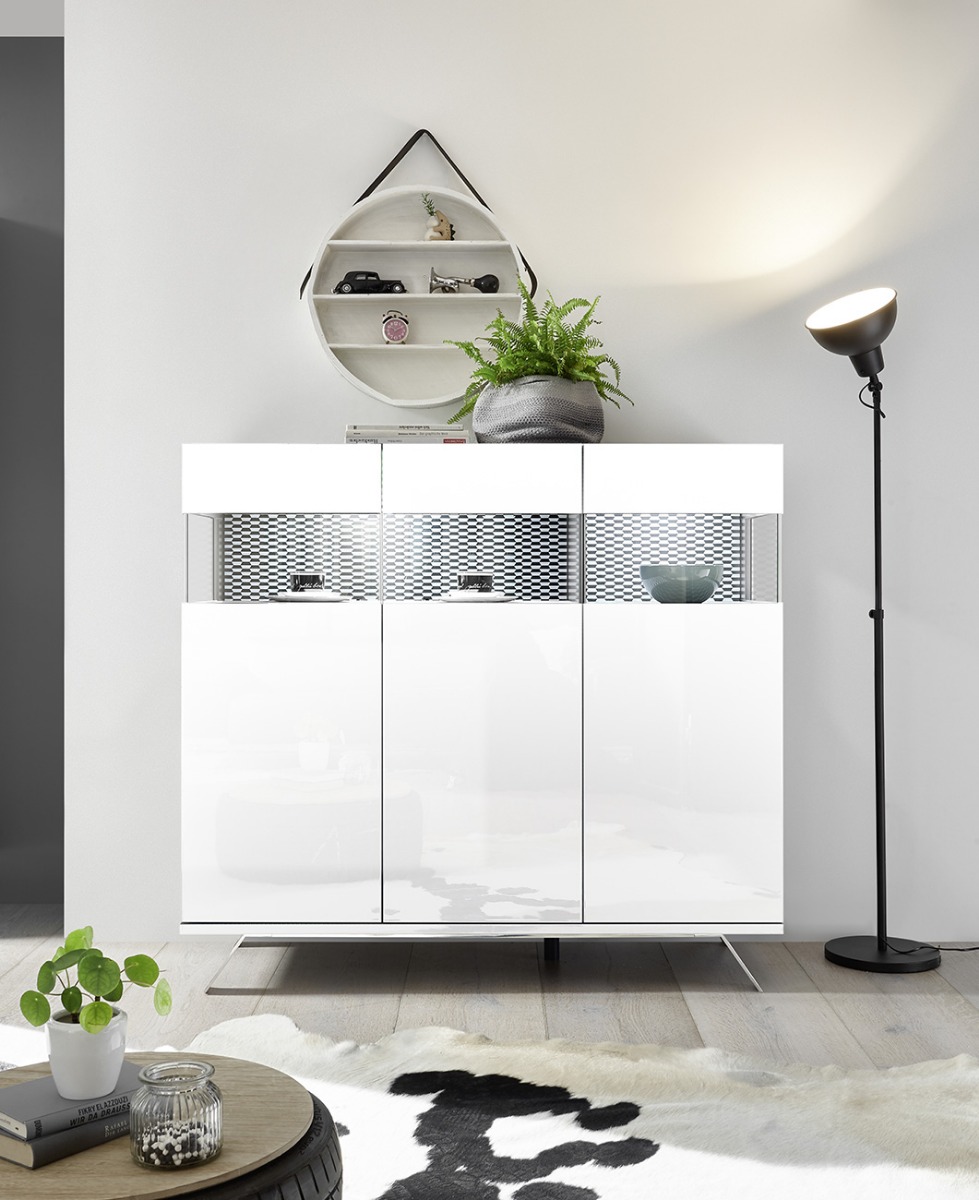 Madia alta 3 ante bianco lucido con piedino in ferro e interno bianco opaco