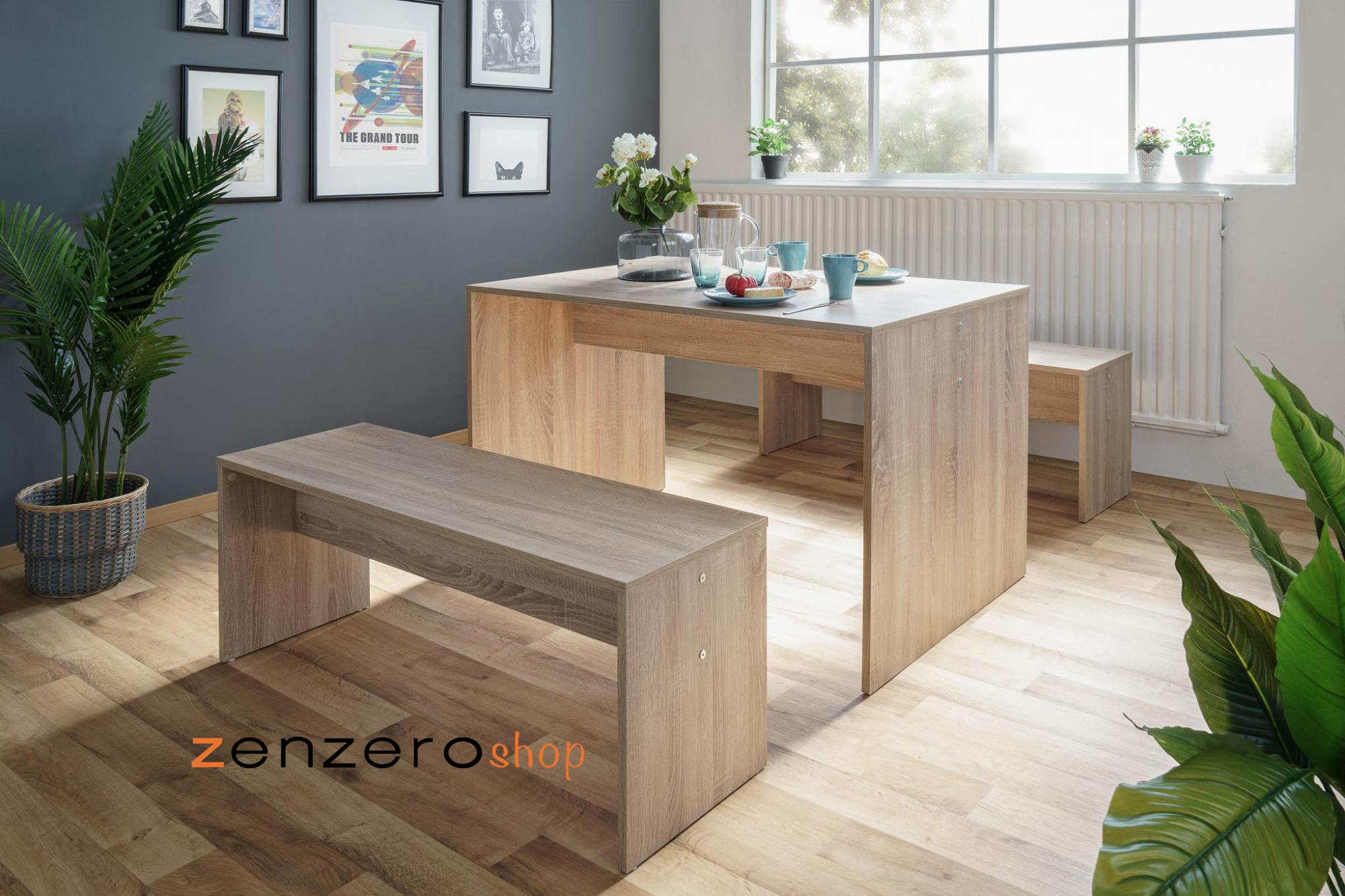 Tavolo con 2 panche di design L.118, finitura Quercia