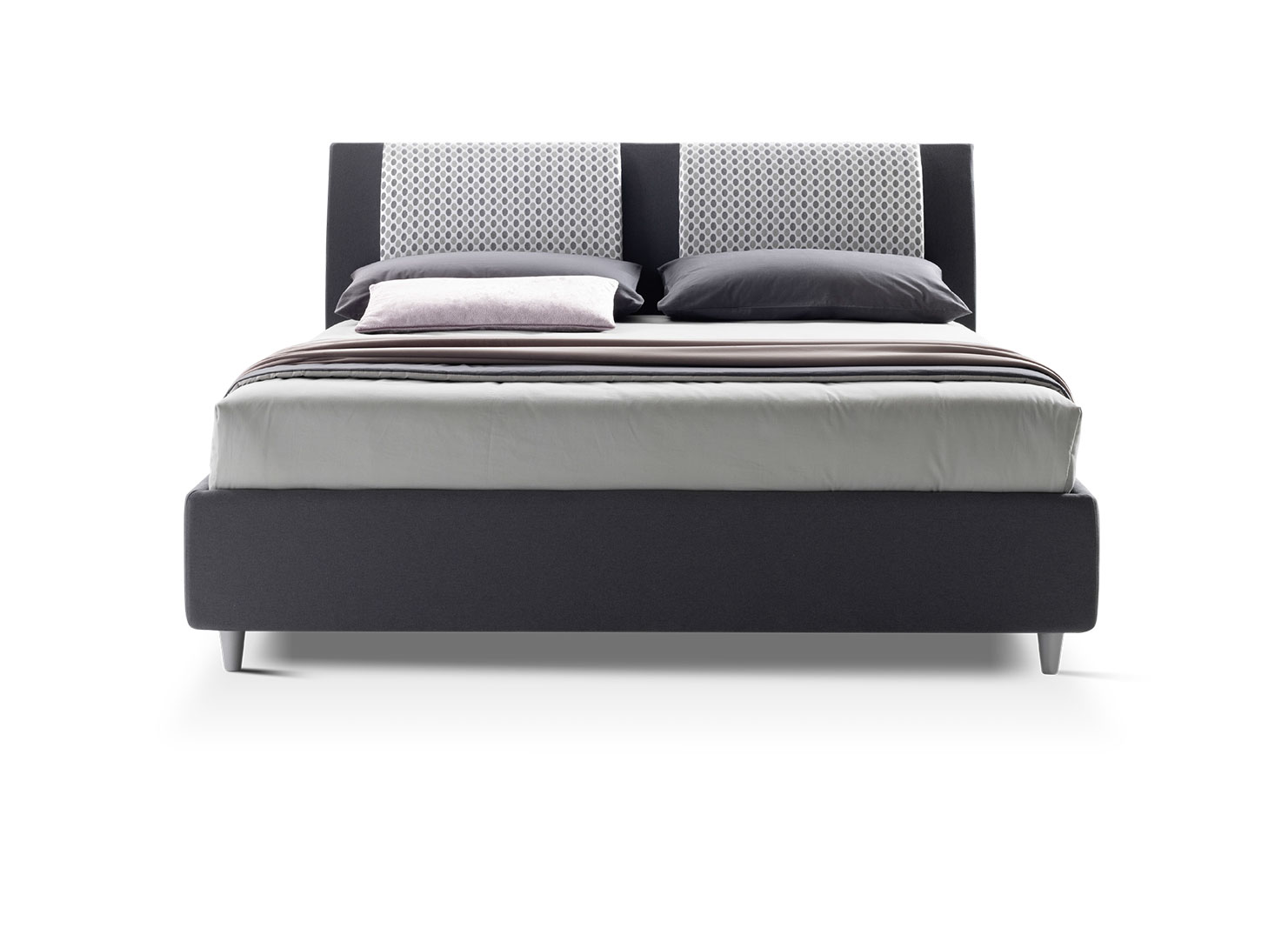 Letto matrimoniale Hoedus con contenitore in tessuto con cuscini in fantasia