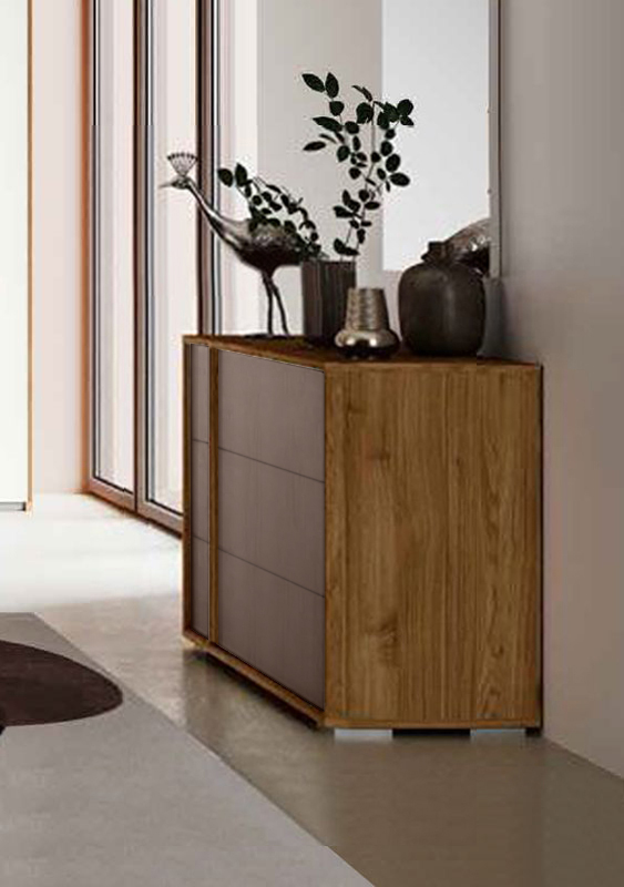 Comò moderno a 3 cassetti con maniglie, finitura Bronzo e Noce Biondo